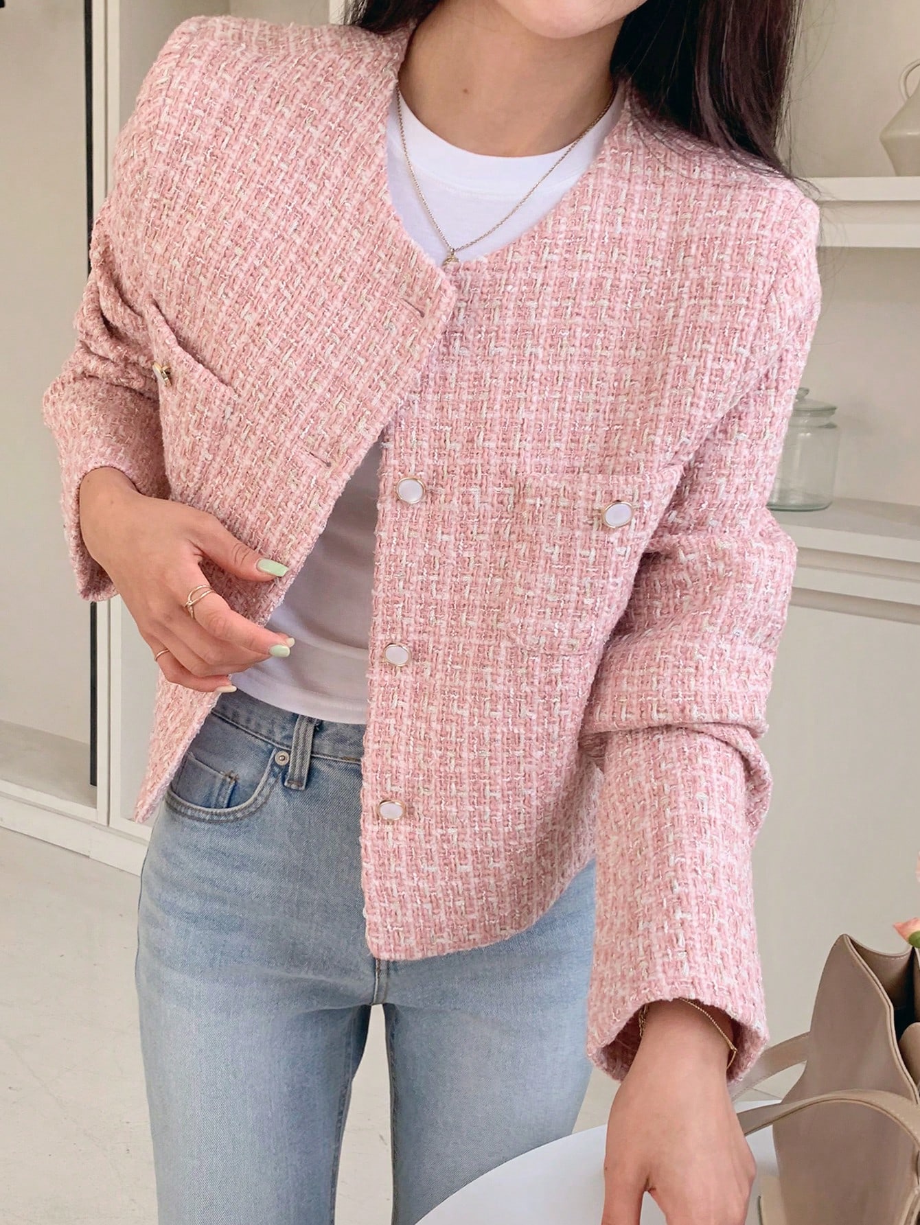 Women Pink Round Neck Short Fitted Regular Jacket Women Pink Round Neck Short Fitted Regular Jacket