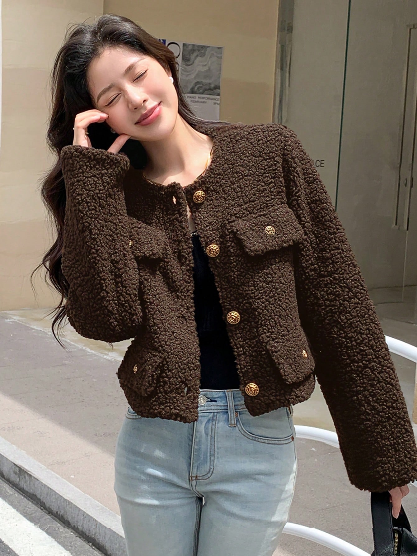 Brown Cropped Teddy Faux Jacket for Women