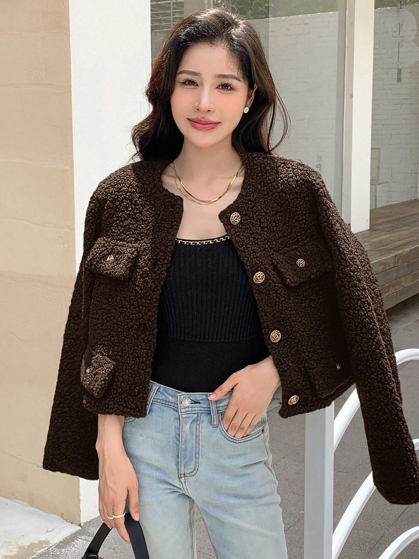 Brown Cropped Teddy Faux Jacket for Women