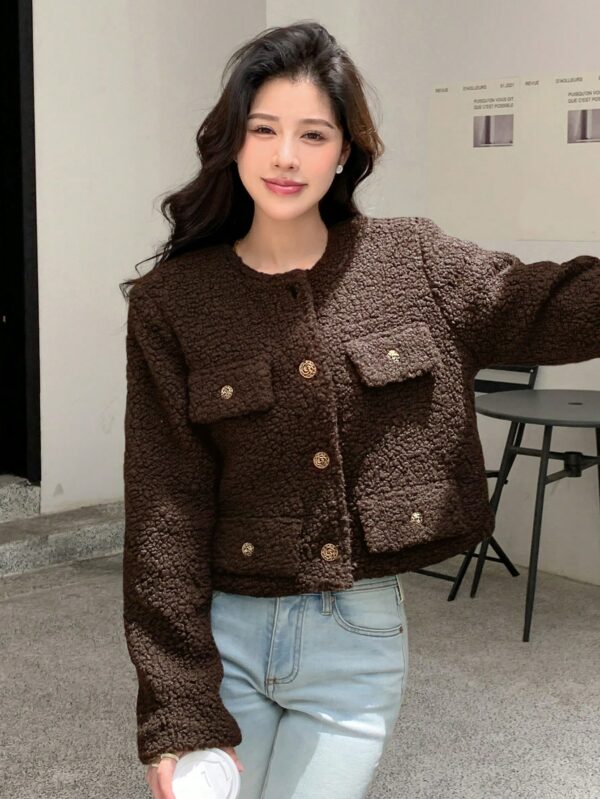 Brown Cropped Teddy Faux Jacket for Women