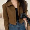 Women Khaki Cropped Zip Up Flannel Jacket