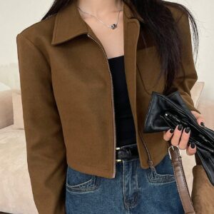 Women Khaki Cropped Zip Up Flannel Jacket