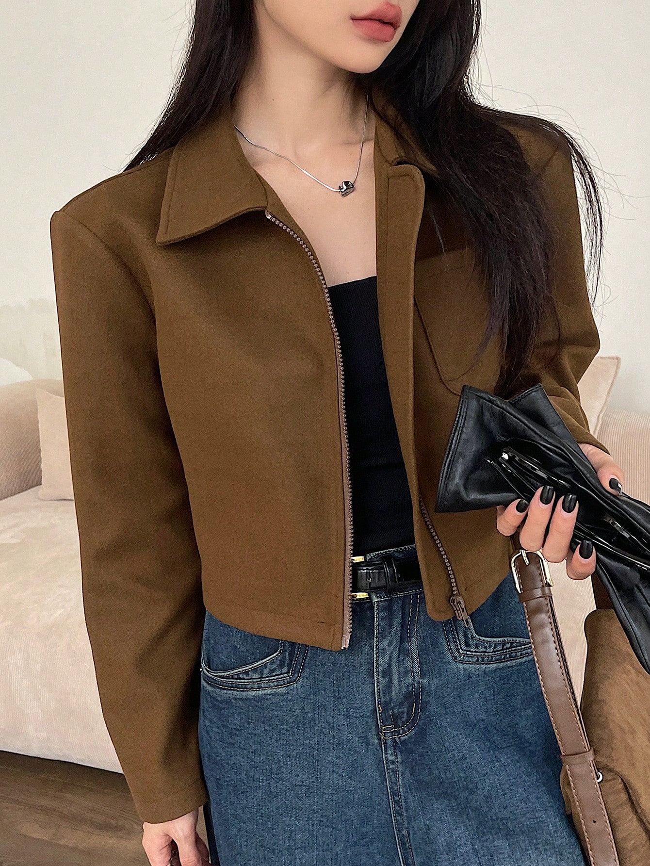 Women Khaki Cropped Zip Up Flannel Jacket