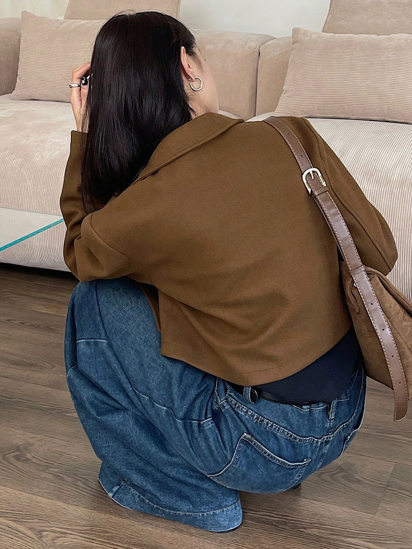 Women Khaki Cropped Zip Up Flannel Jacket