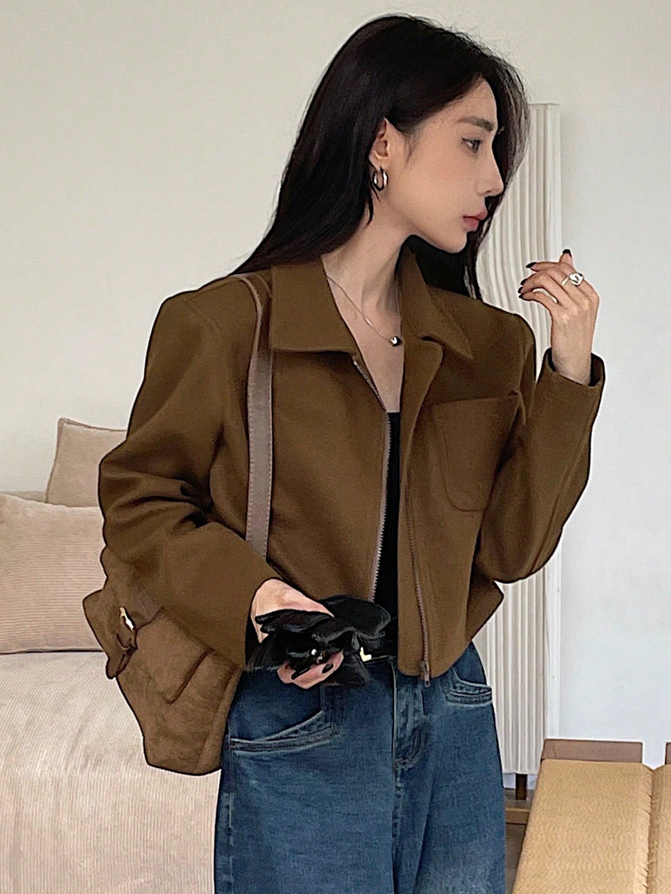 Women Khaki Cropped Zip Up Flannel Jacket