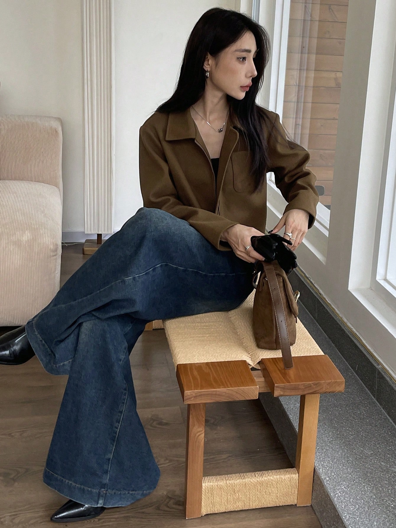 Women Khaki Cropped Zip Up Flannel Jacket