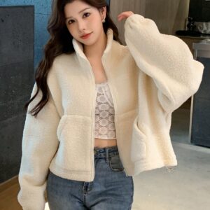 Funnel Neck Teddy Jacket for Women Drop Shoulder Casual Zip Up Fleece Coat