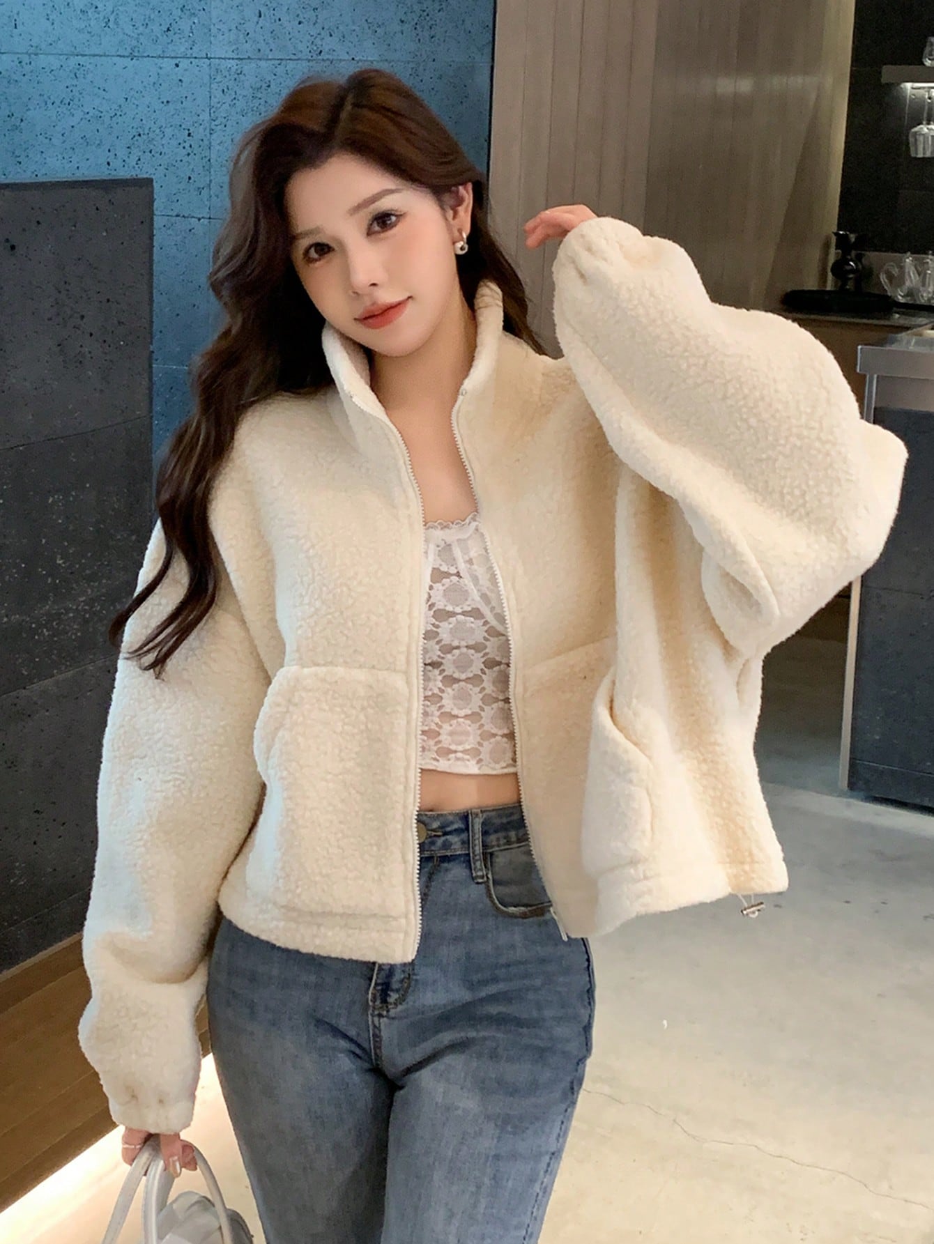 Funnel Neck Teddy Jacket for Women Drop Shoulder Casual Zip Up Fleece Coat Funnel Neck Teddy Jacket for Women Drop Shoulder Casual Zip Up Fleece Coat