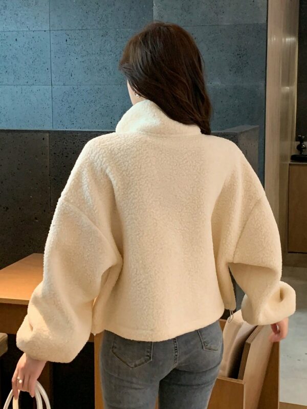 Funnel Neck Teddy Jacket for Women Drop Shoulder Casual Zip Up Fleece Coat