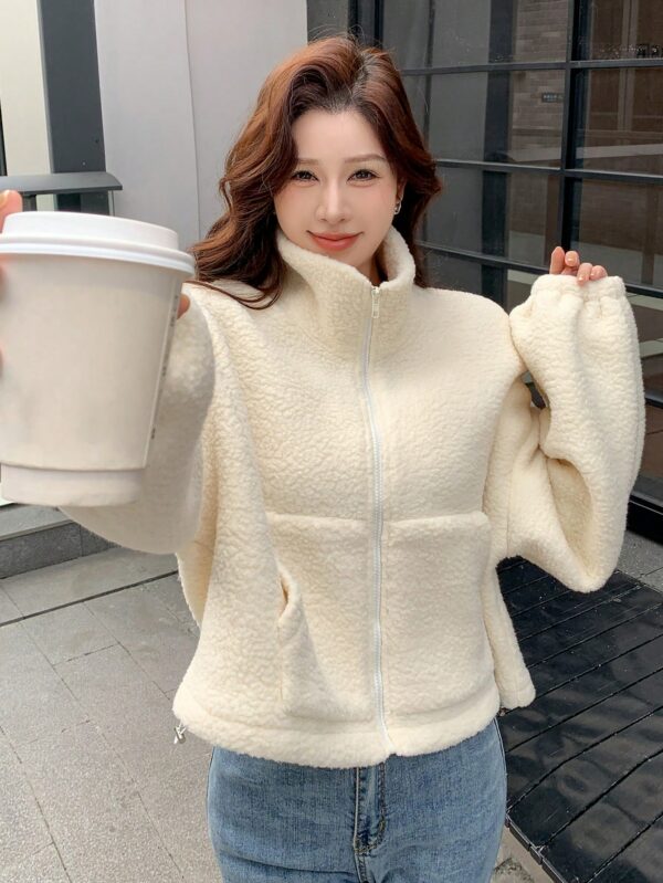 Funnel Neck Teddy Jacket for Women Drop Shoulder Casual Zip Up Fleece Coat