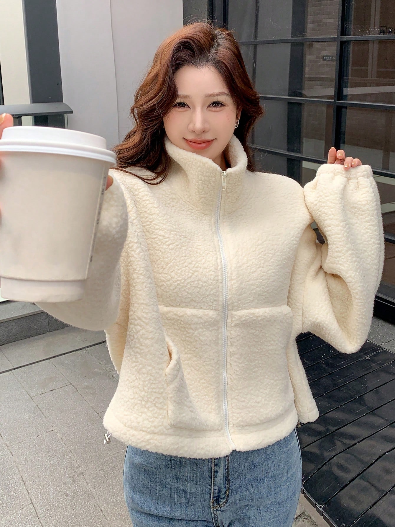 Funnel Neck Teddy Jacket for Women Drop Shoulder Casual Zip Up Fleece Coat Funnel Neck Teddy Jacket for Women Drop Shoulder Casual Zip Up Fleece Coat