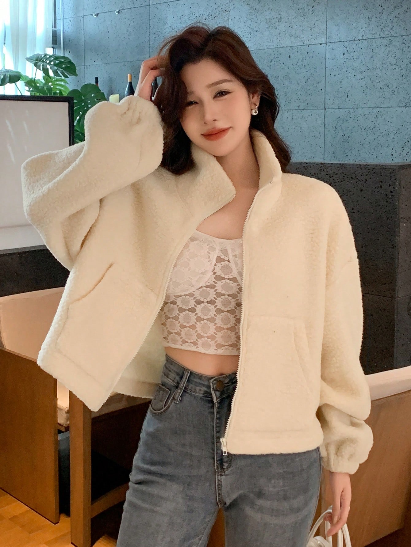 Funnel Neck Teddy Jacket for Women Drop Shoulder Casual Zip Up Fleece Coat Funnel Neck Teddy Jacket for Women Drop Shoulder Casual Zip Up Fleece Coat