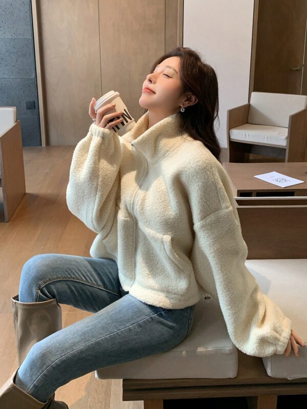 Funnel Neck Teddy Jacket for Women Drop Shoulder Casual Zip Up Fleece Coat