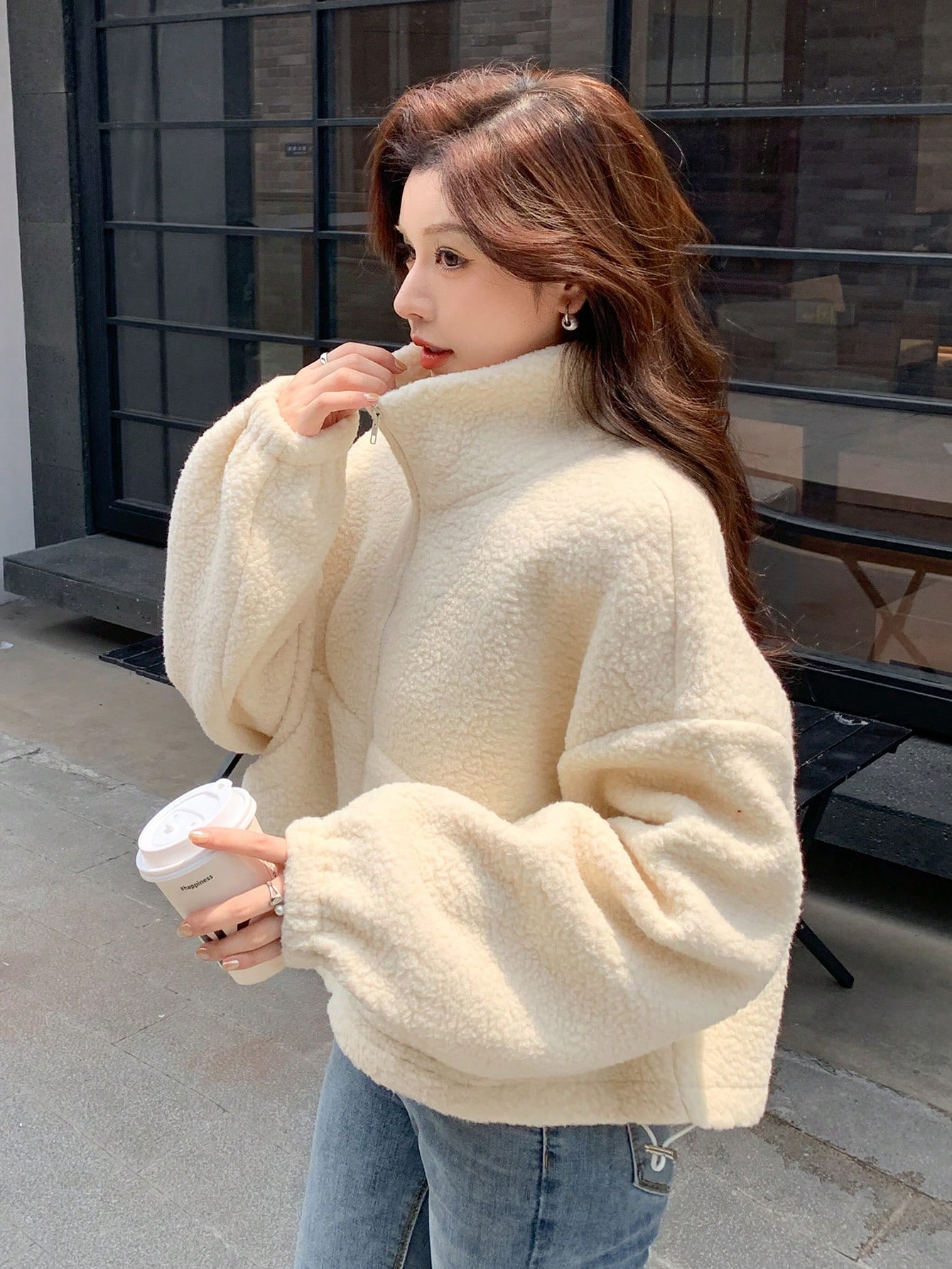 Funnel Neck Teddy Jacket for Women Drop Shoulder Casual Zip Up Fleece Coat Funnel Neck Teddy Jacket for Women Drop Shoulder Casual Zip Up Fleece Coat