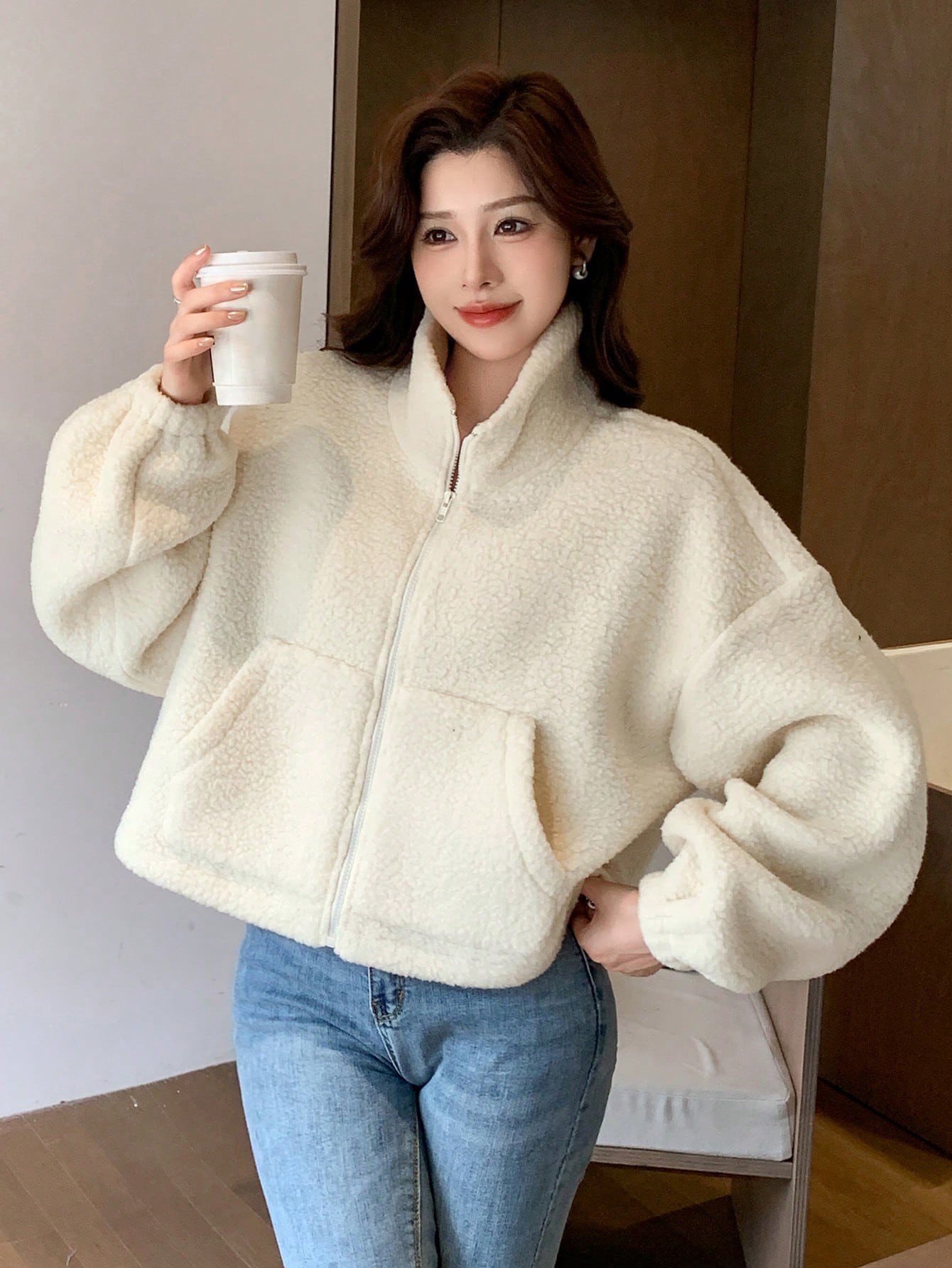 Funnel Neck Teddy Jacket for Women Drop Shoulder Casual Zip Up Fleece Coat Funnel Neck Teddy Jacket for Women Drop Shoulder Casual Zip Up Fleece Coat