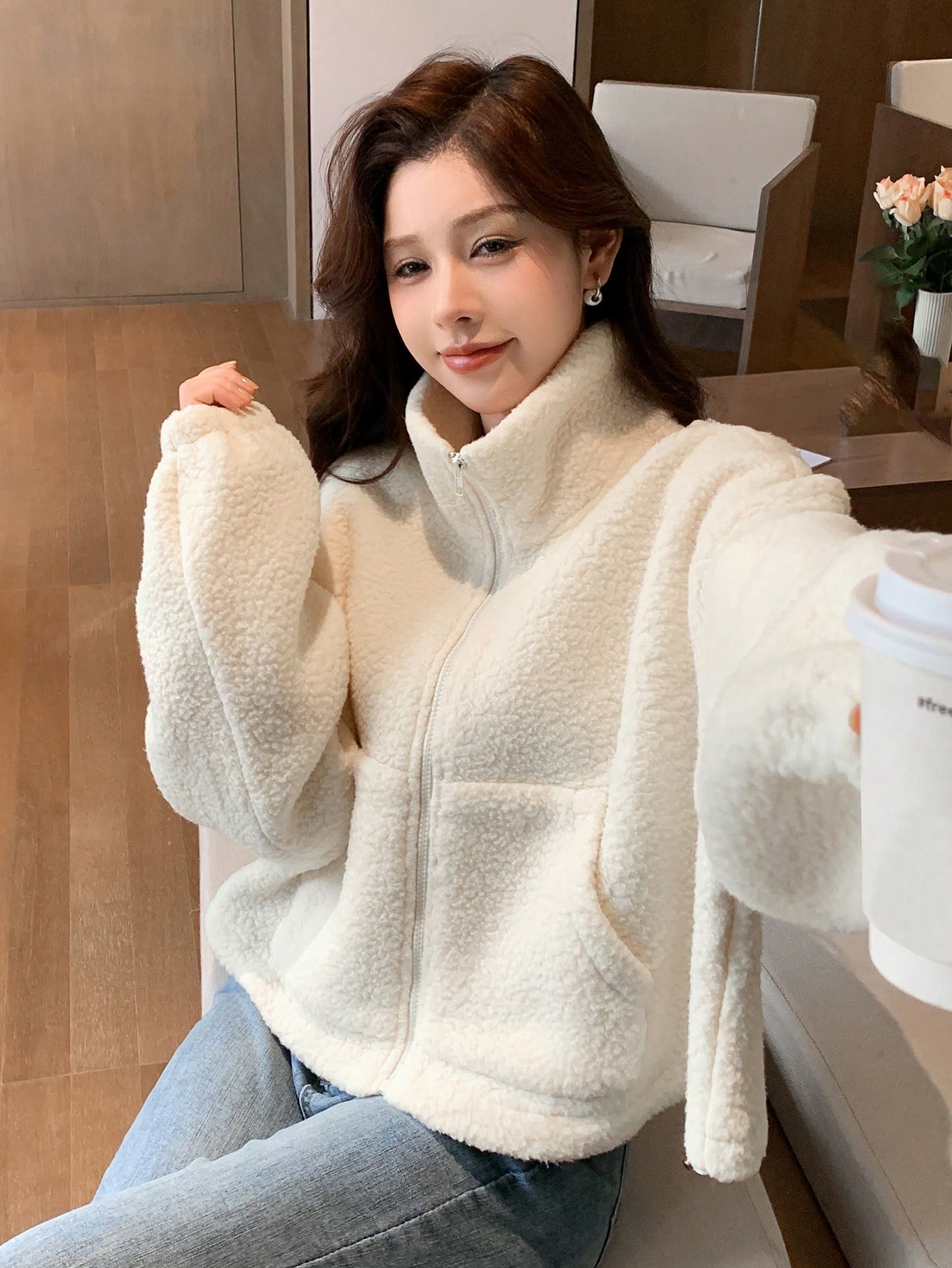 Funnel Neck Teddy Jacket for Women Drop Shoulder Casual Zip Up Fleece Coat Funnel Neck Teddy Jacket for Women Drop Shoulder Casual Zip Up Fleece Coat