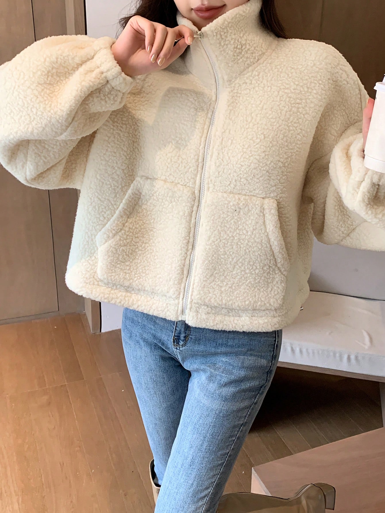 Funnel Neck Teddy Jacket for Women Drop Shoulder Casual Zip Up Fleece Coat Funnel Neck Teddy Jacket for Women Drop Shoulder Casual Zip Up Fleece Coat