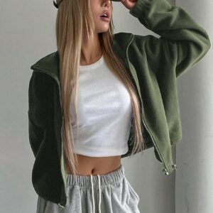 Cropped Green Zip Up Jacket for Women